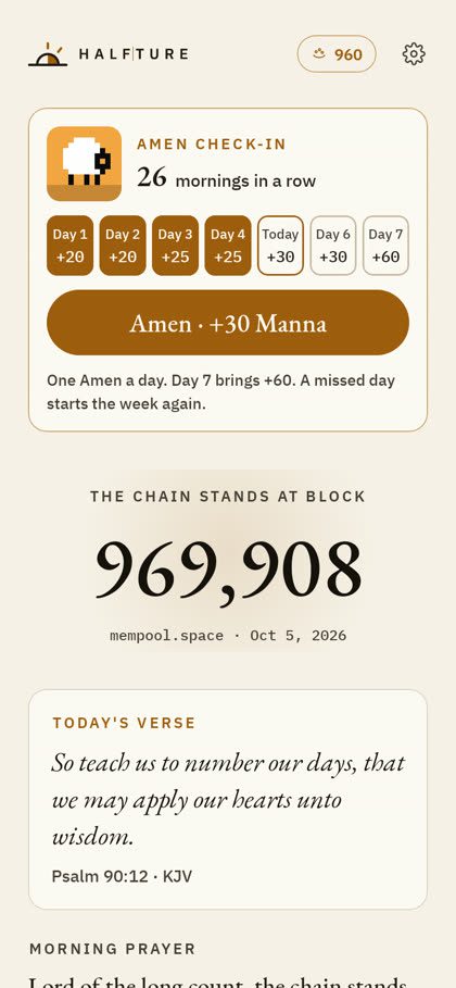 The Sermon tab: block height, today's verse, the morning prayer and the Amen button